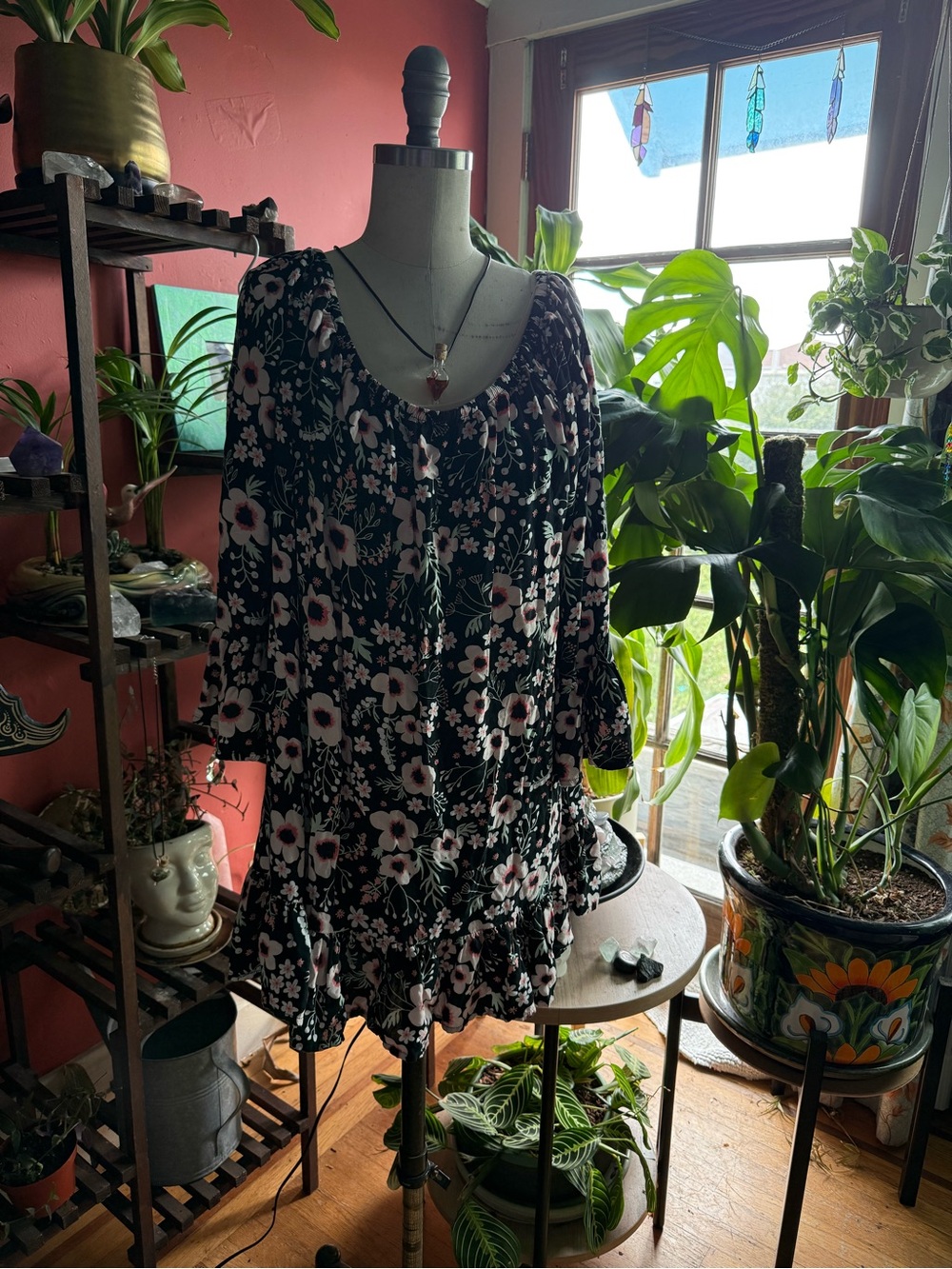 Terra &Sky. Black Floral Ruffle Hem Dress